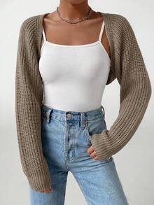 SHEIN PETITE 女款休閒百搭純色短版開襟羊毛衫 - 駝色 - 查看 8