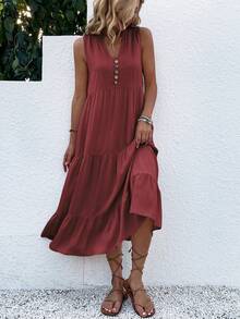 Breezaya Vestido de túnica con detalle de botones y bajo con volantes, vestido largo ideal para vacaciones en la playa para mujeres - Color caoba - Ver 3