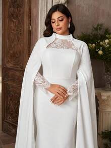 Aureia Plus Size Elegant White 2 In 1 Cape Lace Patchwork Elastic Fabric Round Neck Long Sleeve Mermaid Tail Train Dress Dinner Formal Wedding Autumn - White - View 3