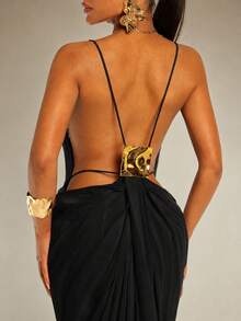 Silquee Women's Solid Color Sexy Spaghetti Strap Dress With Metal Back Decoration - Black - View 7