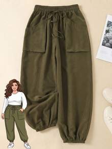 Rusticease Plus Size Olive Green Drawstring Waist Pocket Jogger Pants Autumn Casual Traditional Vacation Outfits For Women Beach Semi Formal Lounge Going Out - Army Green - View 1
