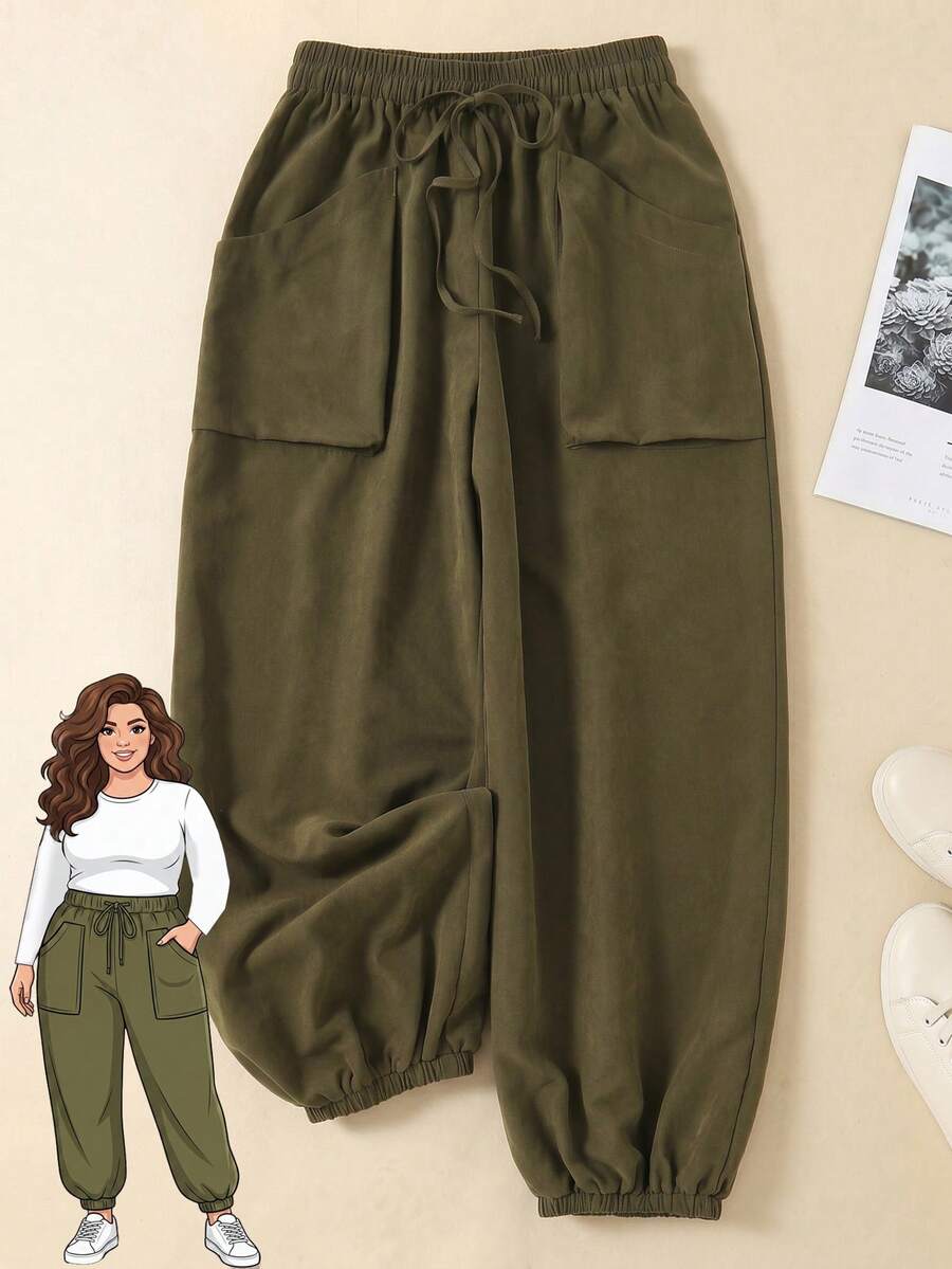 Rusticease Plus Size Olive Green Drawstring Waist Pocket Jogger Pants Autumn Casual Traditional Vacation Outfits For Women Beach Semi Formal Lounge Going Out - Army Green - View 1