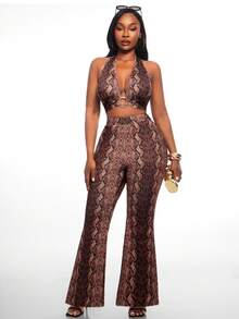 Radiana Plus Size Women's Fashion Sexy 2-Piece Set: Ring Design Snake Print Halter Deep V-Neck Top + Matching Flare Pants Set, Suitable For Party, Daily Wear - Multicolor - View 8