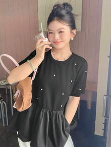 Dazy Plus 純色圓領珠飾裝飾拼接腰擺短袖春秋夏套頭黑色T恤可愛上衣 - 黑色 - 查看 8