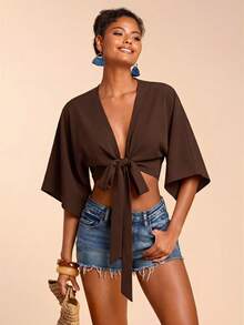 Travachic Women's Solid Color Front Knot Batwing Short Sleeve Fashion Shirt Beach Vacation Coffee Brown Summer Tropical - Brown - View 4