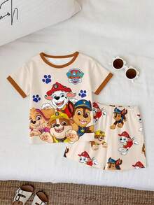 SHEIN | PAW Patrol 兒童小男孩休閒簡約風，柔軟舒適，經典可愛卡通圖案印花，可愛居家寬鬆休閒T恤與短褲兩件套 - 彩色 - 查看 1