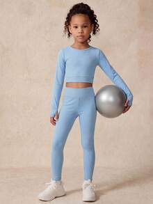 SHEIN 2pcs/Set Young Girl Sports Casual Top And Pants - Blue - View 2