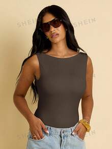 FASHION SZN 女款雙層針織超柔軟無袖連身衣 休閒 Y2K 90年代極簡風巧克力棕色一體式上衣 夏季度假旅行城市短途遊 - 巧克力棕 - 查看 5