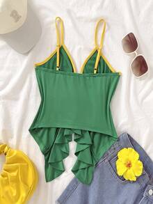Glyssa French Gentle Style Front Tie Ruffle Strap Slim Fit Flattering Camisole - Green - View 2