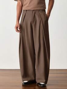 SWAVVY Men's Solid Color Pleated Casual Versatile Daily Travel Long Pants - Brown - View 1