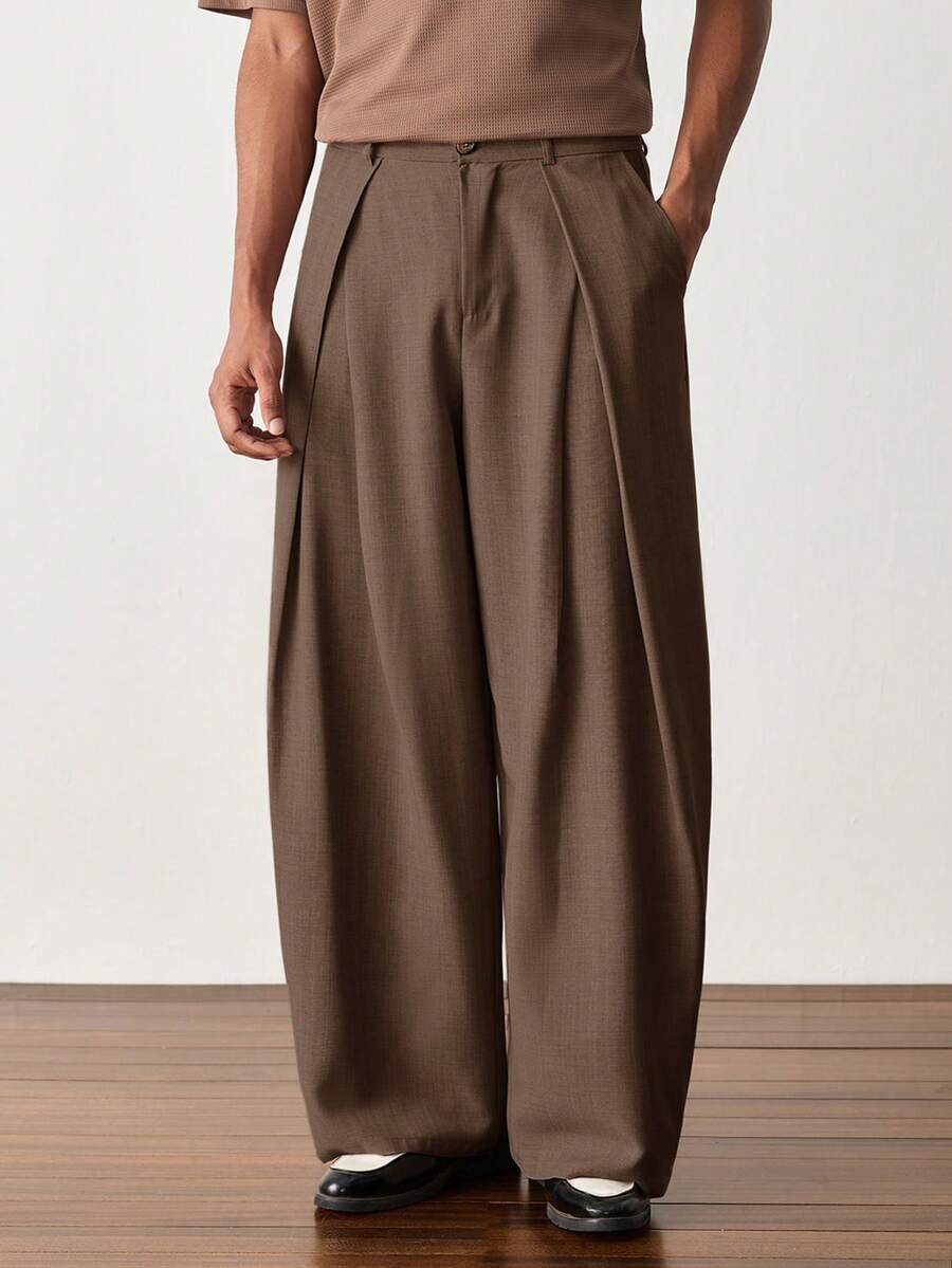SWAVVY Men's Solid Color Pleated Casual Versatile Daily Travel Long Pants - Brown - View 1