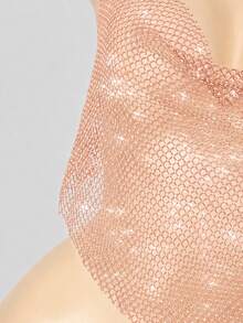 VaVaBold Rhinestone Studded Fishnet Overlay Cami Top For Holiday Party Clothes - Dusty Pink - View 4