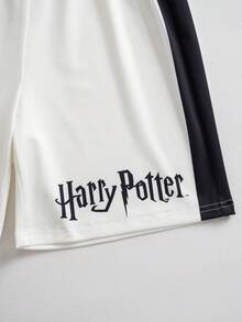 HARRY POTTER X SHEIN 青少年男孩圓領獎盃圖案短袖T恤與短褲休閒日常套裝 - 白色 - 查看 7