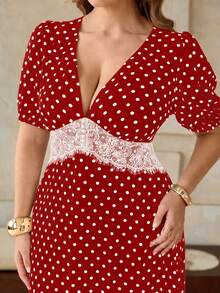 Roveilla Elegante vestido de mujer con lunares, cuello en V, manga corta, silueta ajustada en A para verano, tela sin estiramiento, adecuado para ocasiones/vacaciones/citas, blanco - Rojo - Ver 7