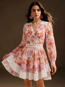 Anewsta Elegant Dress, Chiffon Long Sleeve Floral Short Dress, Patchwork Fabric Striped Heavy Work Dress - Pink - View 2