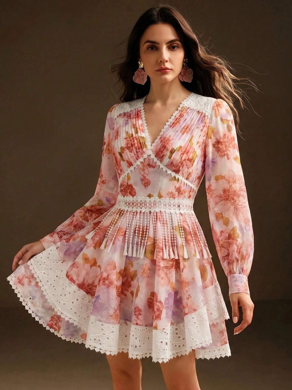 Anewsta Elegant Dress, Chiffon Long Sleeve Floral Short Dress, Patchwork Fabric Striped Heavy Work Dress