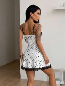 Coolane Women's Summer Streetwear Casual Holiday Vacation Beach Outfits Boho Daily Wear Y2k Cute Graphics Polka Dot Stretchy Contrast Lace White Mini Dress - Black and White - View 6