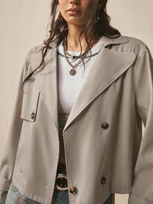 Freevana French Minimalist Style | Light Khaki Classic Lapel Short Trench Coat - Effortless Chic Double-Breasted Loose Jacket Fall - Khaki - View 6