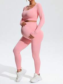 SHEIN Maternity Solid Color Long Sleeve Top And Elastic Long Pants Set Fall - Pink - View 5