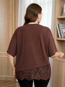 SHEIN Clasi Plus Size Women's Round Neck Lace Patchwork Casual Versatile Daily Wear T-Shirt - Brown - View 10