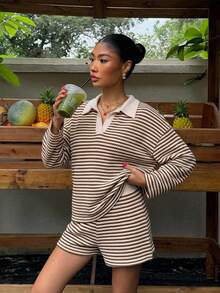 Comfortcana Ensemble 2 pièces décontracté pour femme avec top et short à rayures et blocs de couleurs pour tous les jours - Marron - Voir 5