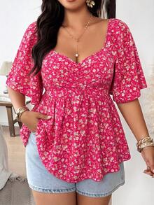 Vionelle Plus Size Small Floral Print Spring Summer Casual Versatile Elegant Women's Blouse - Hot Pink - View 1