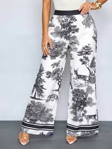 SOLERSUN Long Wide Leg White And Black Plants Pattern Boho Elegant Fabric Pants Vacation Autumn - Black - View 5