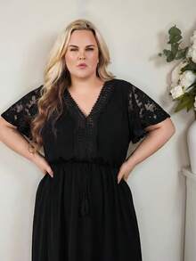 Hourglow Plus Size Elegant Lace Patchwork V-Neck Bohemian Style Dress Black, For Hourglass Body Shape - Black - View 4