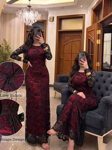 Modelyn 黑紅配色長袖圓領蕾絲面料女款中東風收腰長洋裝 - 黑色 - 查看 6