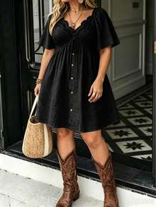 LanaWest CURVE Plus Size Spring/Summer Contrast Lace Vacation Dress - Black - View 1