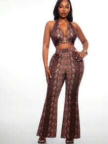 Radiana Plus Size Women's Fashion Sexy 2-Piece Set: Ring Design Snake Print Halter Deep V-Neck Top + Matching Flare Pants Set, Suitable For Party, Daily Wear - Multicolor - View 4