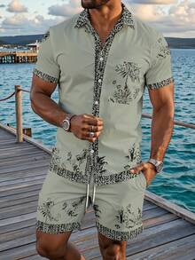 Manfinity RSRT Men's Botanical Print Single-Breasted Short Sleeve Shirt And Shorts Casual Daily Outfit - Multicolor - View 1