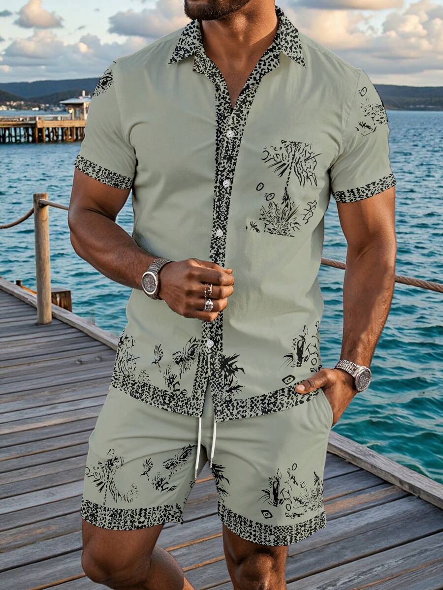 Manfinity RSRT Men's Botanical Print Single-Breasted Short Sleeve Shirt And Shorts Casual Daily Outfit - Multicolor - View 1