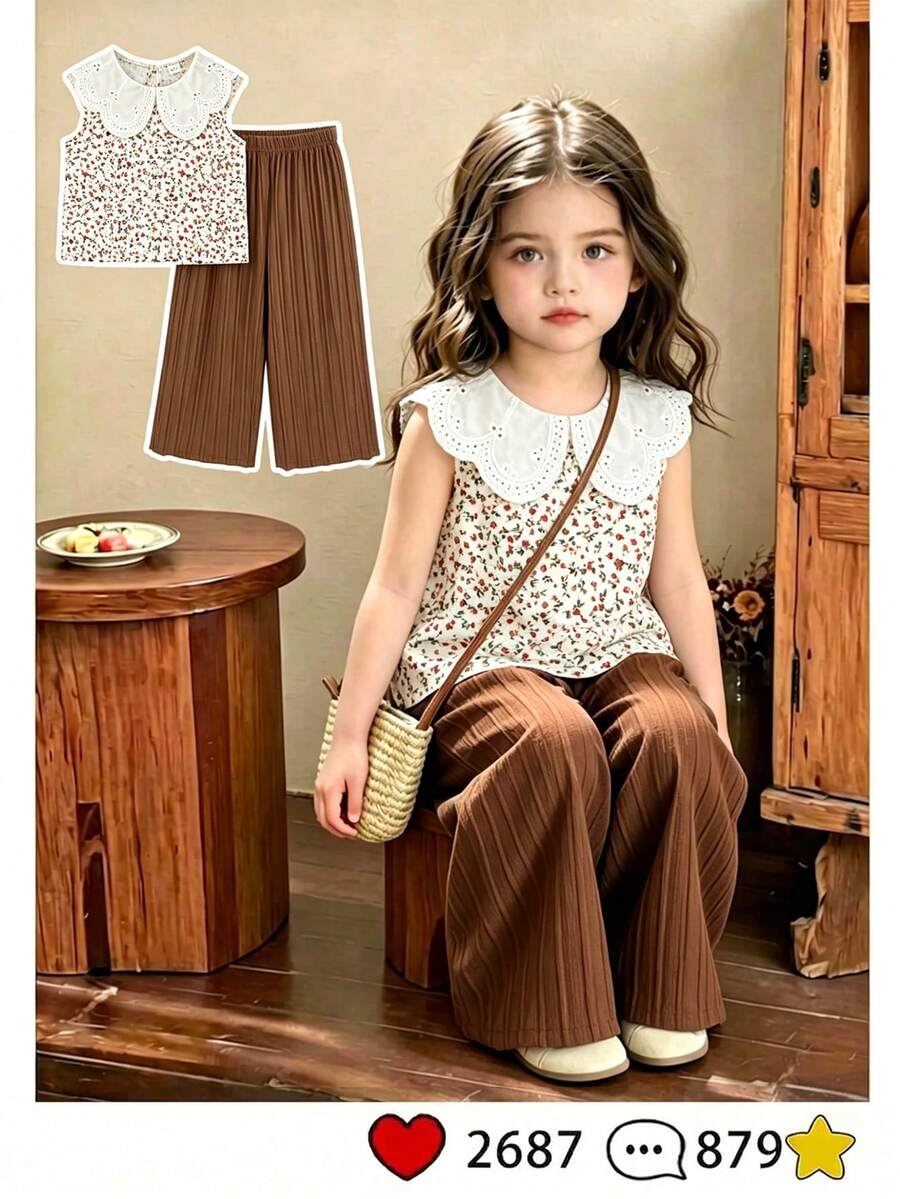 SHEIN Vintaside Kids 女童甜美可愛刺繡大領無袖花卉背心搭配純色長褲套裝,紋理直條紋布料,適合派對、家庭活動、日常度假穿搭、開學季 - 棕色 - 查看 1