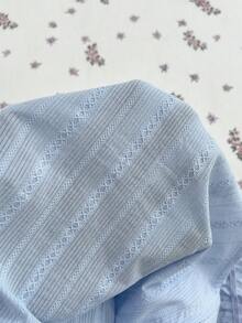 Elamini 法式甜美度假風粉色條紋編織花瓣袖蝴蝶結繫帶女款襯衫，修身顯瘦短袖上衣，適合春夏 - 藍色 - 查看 5
