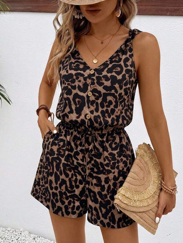 SHEIN Frenchy Women's One-Piece Jumpsuit, Casual Minimalist Vintage Elegant Commuter Versatile Warm Brown Leopard Print Pattern, Beach Outfit, Vacation Outfit, Women's Summer Outfit