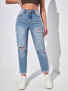 SHEIN EZwear 女款夏季高腰破洞媽媽版牛仔褲 - 中等水洗藍 - 查看 5