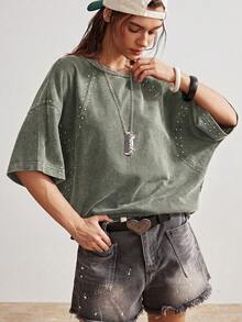 Bohemela 休閒純色針織圓領寬鬆短袖女款T恤 - 軍綠色 - 查看 6