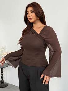Firerie Plus Size Women's Solid Color Asymmetric Collar Bell Sleeve Fashion Brown Top For Women Elegant Office Business Work Top Elegant Graduation Top Women - Coffee Brown - View 6