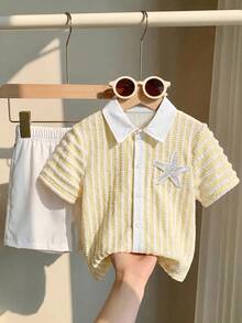 Kids Young Boy Young Boy 2pcs/Set Spring/Summer Casual Versatile Vacation Style Striped Short Sleeve Shirt & Knit Shorts Set Young Boy Outfit Set Cozy - Multicolor - View 1