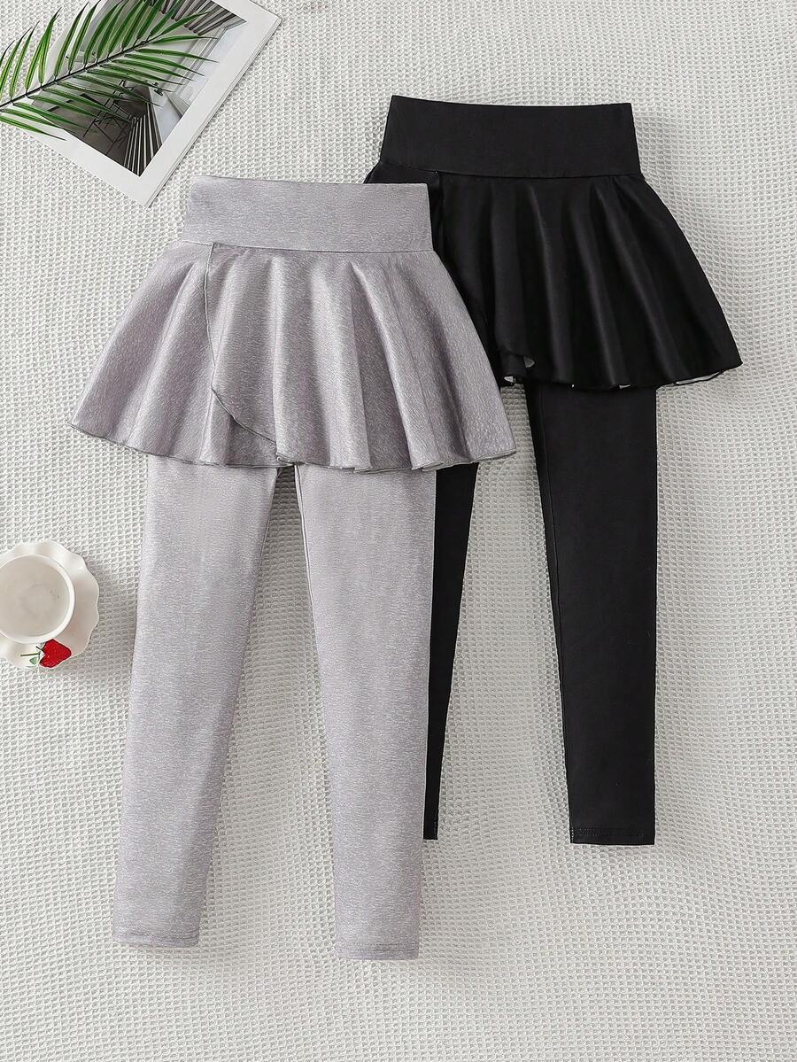 2pcs Girls Fashion Casual Milk Silk Fabric Skirt Hem Leggings - Multicolor - View 1