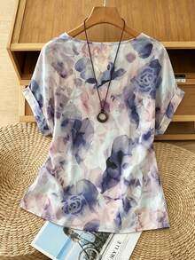 SHEIN Franclia 夏季法式水彩印花圓領短袖上衣 - 彩色 - 查看 2