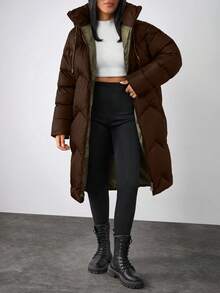 EURMUSE Hooded Puffer Jacket, Zip Front, Drawstring, Quilted, Side Pockets, Lightweight & Warm - Brown - View 3