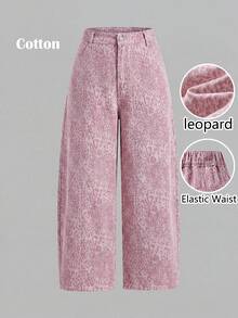 SHEIN MOD Plus Size Women's Leopard Print Button Casual Versatile Daily Wear Denim Jeans Summer Festival World Cup Beach Graduation Going Out Elegant Casual - Pink - View 1