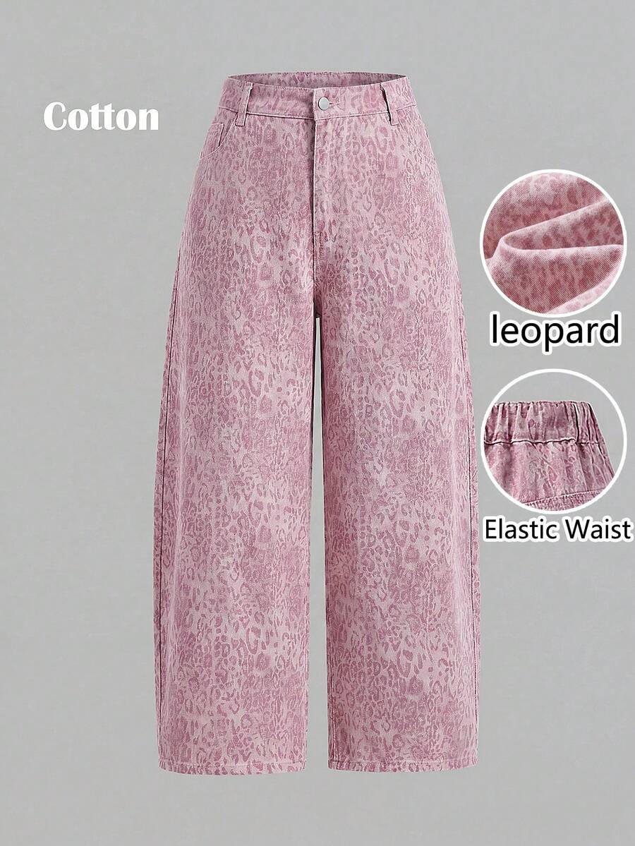 SHEIN MOD Plus Size Women's Leopard Print Button Casual Versatile Daily Wear Denim Jeans Summer Festival World Cup Beach Graduation Going Out Elegant Casual - Pink - View 1