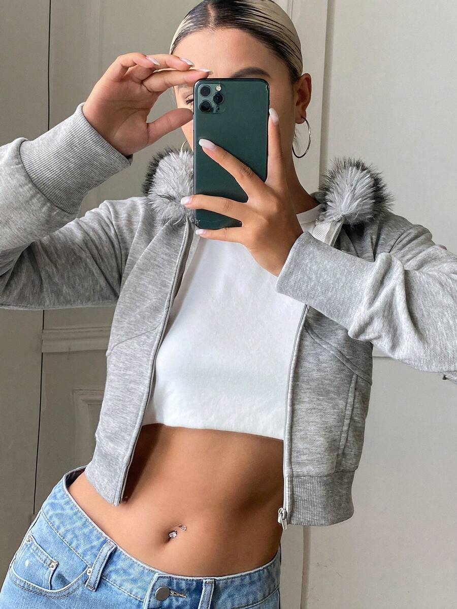 DAZY Women's Grey Hooded Zip-Up Long Sleeve Cropped Fitted Sweatshirt Jacket With Pom Pom Decor - Grey - View 1