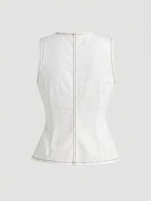 SHEIN MOD 女款時尚百搭鈕扣牛仔上衣街頭休閒風 - 白色 - 查看 2