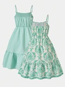 SHEIN Sparklyn Tween Girls 2-Piece Spaghetti Strap Dress Set, Spaghetti Strap + Square Neck / Straight Neckline, Fitted Waist With Loose Ruffled Hem, Layered Design, Simple Versatile Style For Daily Wear, Vibrant Green Color - Multicolor - View 2