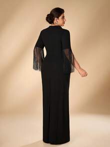Serin Plus Size Elegant Classy Formal Black Elastic Knit Fabric Vintage Square Collar Short Sleeve Tassel Rhinestone Chain Decor Wedding Guest Evening Fall - Black - View 4