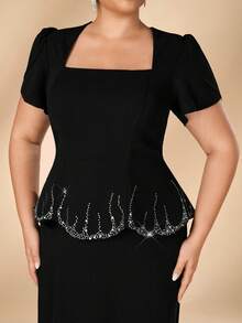 Serin Plus Size Elegant Formal Fashion Black Elastic Knit Vintage Stand Collar Puff Sleeve Petal Hem Rhinestone Back Slit Bodycon Straight Long Gown - Black - View 6
